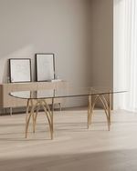 Modern Rounded Rectangular Glass Dining Table with Brushed Chrome Base, Silver & Gold (D05-08) by Quality Living Furniture