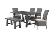 D1000D6 Outdoor Patio Dining Set with Bench and Chairs, All-Weather Polywood Table & Gray PE Wicker Seating, Rust-Proof Aluminum Frame