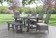 D1000D6 Outdoor Patio Dining Set with Bench and Chairs, All-Weather Polywood Table & Gray PE Wicker Seating, Rust-Proof Aluminum Frame