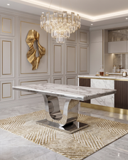 78-Inch Modern Rectangle Dining Table with White Faux Marble Top and Polished Silver U-Base (D13-DT) by Quality Living Furniture
