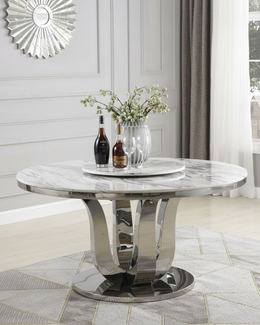 Round Light Gray Marble Dining Table with Lazy Susan and Stainless Steel Base (D16-DTL) by Quality Living Furniture