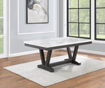 White Faux Marble Dining Set with Button Tufted Seating, Gray & Beige Upholstery (D185 & D186) by Quality Living Furniture
