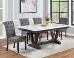 White Faux Marble Dining Set with Button Tufted Seating, Gray & Beige Upholstery (D185 & D186) by Quality Living Furniture