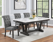 White Faux Marble Dining Set with Button Tufted Seating, Gray & Beige Upholstery (D185 & D186) by Quality Living Furniture
