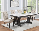 White Faux Marble Dining Set with Button Tufted Seating, Gray & Beige Upholstery (D185 & D186) by Quality Living Furniture