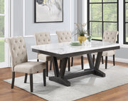 White Faux Marble Dining Set with Button Tufted Seating, Gray & Beige Upholstery (D185 & D186) by Quality Living Furniture
