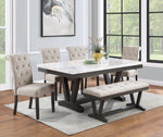 White Faux Marble Dining Set with Button Tufted Seating, Gray & Beige Upholstery (D185 & D186) by Quality Living Furniture