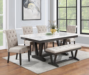 White Faux Marble Dining Set with Button Tufted Seating, Gray & Beige Upholstery (D185 & D186) by Quality Living Furniture