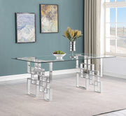 79 inch Clear Tempered Glass Dining Table with Stainless Steel Double Pedestal Base, Gold & Silver (D221 D222) by Quality Living Furniture