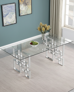 79 inch Clear Tempered Glass Dining Table with Stainless Steel Double Pedestal Base, Gold & Silver (D221 D222) by Quality Living Furniture