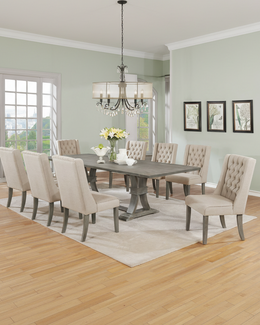 104-Inch Modern Traditional Rustic Gray Dining Set with Tufted Linen Chairs (D25 & D26) by Quality Living Furniture