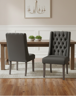 Traditional Farmhouse Linen Dining Chairs with Button Tufting and Weathered Gray Legs (Set of 2), Beige & Gray (D25 & D26) by Quality Living Furniture