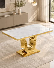 Rectangle White Marble Dining Table with Gold Steel Base, Silver & Gold (D320 D321) by Quality Living Furniture