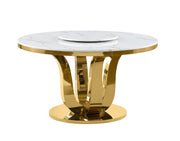 Round White Marble Dining Table with Lazy Susan and Gold Steel Base (D325) by Quality Living Furniture