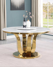 Round White Marble Dining Table with Lazy Susan and Gold Steel Base (D325) by Quality Living Furniture