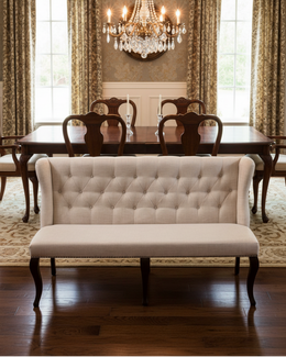 Traditional 71 Inch Beige Linen Dining Bench With Button Tufted Back by Quality Living Furniture