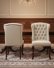 Classic Beige Linen Wingback Dining Chairs with Button Tufting and Dark Wood Legs (Set of 2) (D35) by Quality Living Furniture