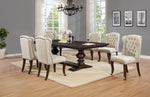Traditional 7 piece dining set with dark wood table and beige upholstered chairs with tufted back