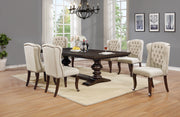 Traditional 7 piece dining set with dark wood table and beige upholstered chairs with tufted back