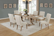7 piece traditional dining set with wooden table and upholstered beige dining side chairs with button tufting