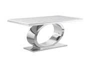 87-Inch Modern White Marble Top Dining Table with Polished Gold Oval Base by Quality Living Furniture