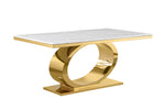 87-Inch Modern White Marble Top Dining Table with Polished Gold Oval Base by Quality Living Furniture
