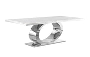 87-Inch Modern White Marble Top Dining Table with Polished Gold Oval Base by Quality Living Furniture
