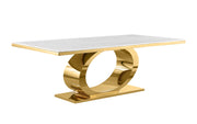 87-Inch Modern White Marble Top Dining Table with Polished Gold Oval Base by Quality Living Furniture