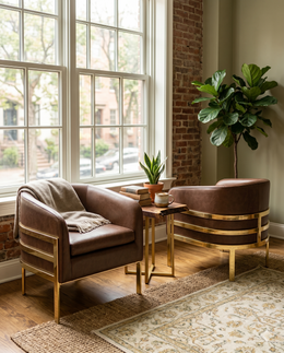 AC284L Mid-Century Leathaire Barrel Accent Chair with Architectural Wrap-Around Gold Frame
