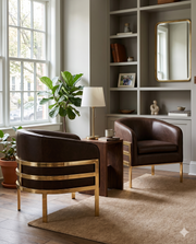 AC284L Mid-Century Leathaire Barrel Accent Chair with Architectural Wrap-Around Gold Frame