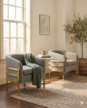 AC284 Modern Teddy Fabric Barrel Accent Chair with Architectural Wrap-Around Gold Frame