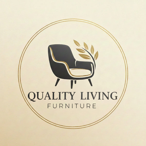 Logo for Quality Living Furniture with a chair and leaves design on a beige background