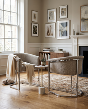 SC010 Modern Boucle Accent Dining Chair with Wrap-Around Chrome Frame & Sled Base