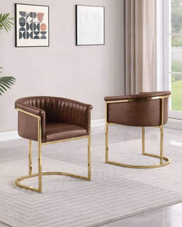 Modern Channel-Tufted Brown Leathaire Side Chairs with Polished Gold Sled Base (SC014L - SC016L) by Quality Living Furniture