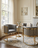 SC034 Modern Dark Gray Teddy Fabric Barrel Accent Chair with U-Shaped Gold Base, Low-Profile Vanity Dining Chair