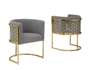 SC034 Modern Dark Gray Teddy Fabric Barrel Accent Chair with U-Shaped Gold Base, Low-Profile Vanity Dining Chair