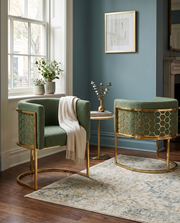 SC034 Modern Dark Gray Teddy Fabric Barrel Accent Chair with U-Shaped Gold Base, Low-Profile Vanity Dining Chair