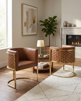 SC034L Modern Leathaire Barrel Accent Chair with Gold Honeycomb Back & U-Shaped Cantilever Base