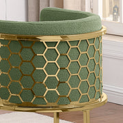 SC034 Modern Dark Gray Teddy Fabric Barrel Accent Chair with U-Shaped Gold Base, Low-Profile Vanity Dining Chair