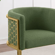 SC034 Modern Dark Gray Teddy Fabric Barrel Accent Chair with U-Shaped Gold Base, Low-Profile Vanity Dining Chair