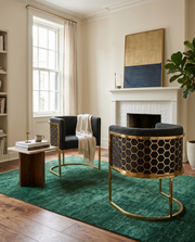 SC034 Modern Dark Gray Teddy Fabric Barrel Accent Chair with U-Shaped Gold Base, Low-Profile Vanity Dining Chair