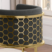 SC034 Modern Dark Gray Teddy Fabric Barrel Accent Chair with U-Shaped Gold Base, Low-Profile Vanity Dining Chair