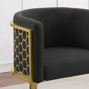 SC034 Modern Dark Gray Teddy Fabric Barrel Accent Chair with U-Shaped Gold Base, Low-Profile Vanity Dining Chair