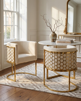 SC034 Modern Dark Gray Teddy Fabric Barrel Accent Chair with U-Shaped Gold Base, Low-Profile Vanity Dining Chair