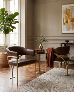 SC214 Mid-Century Leathaire Accent Dining Chair with Wrap-Around Arms & Sculptural Matte Brushed Gold Legs