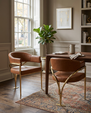 SC214 Mid-Century Leathaire Accent Dining Chair with Wrap-Around Arms & Sculptural Matte Brushed Gold Legs