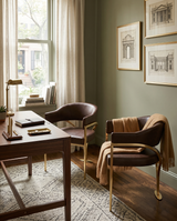 SC214 Mid-Century Leathaire Accent Dining Chair with Wrap-Around Arms & Sculptural Matte Brushed Gold Legs
