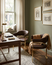 SC214 Mid-Century Leathaire Accent Dining Chair with Wrap-Around Arms & Sculptural Matte Brushed Gold Legs