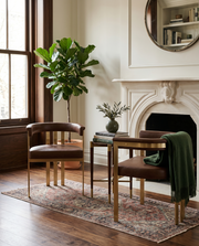 SC217 Industrial Luxe Leathaire Dining Club Chair, Matte Brushed Gold Flat-Strap Frame with Floating Back