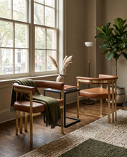 SC217 Industrial Luxe Leathaire Dining Club Chair, Matte Brushed Gold Flat-Strap Frame with Floating Back